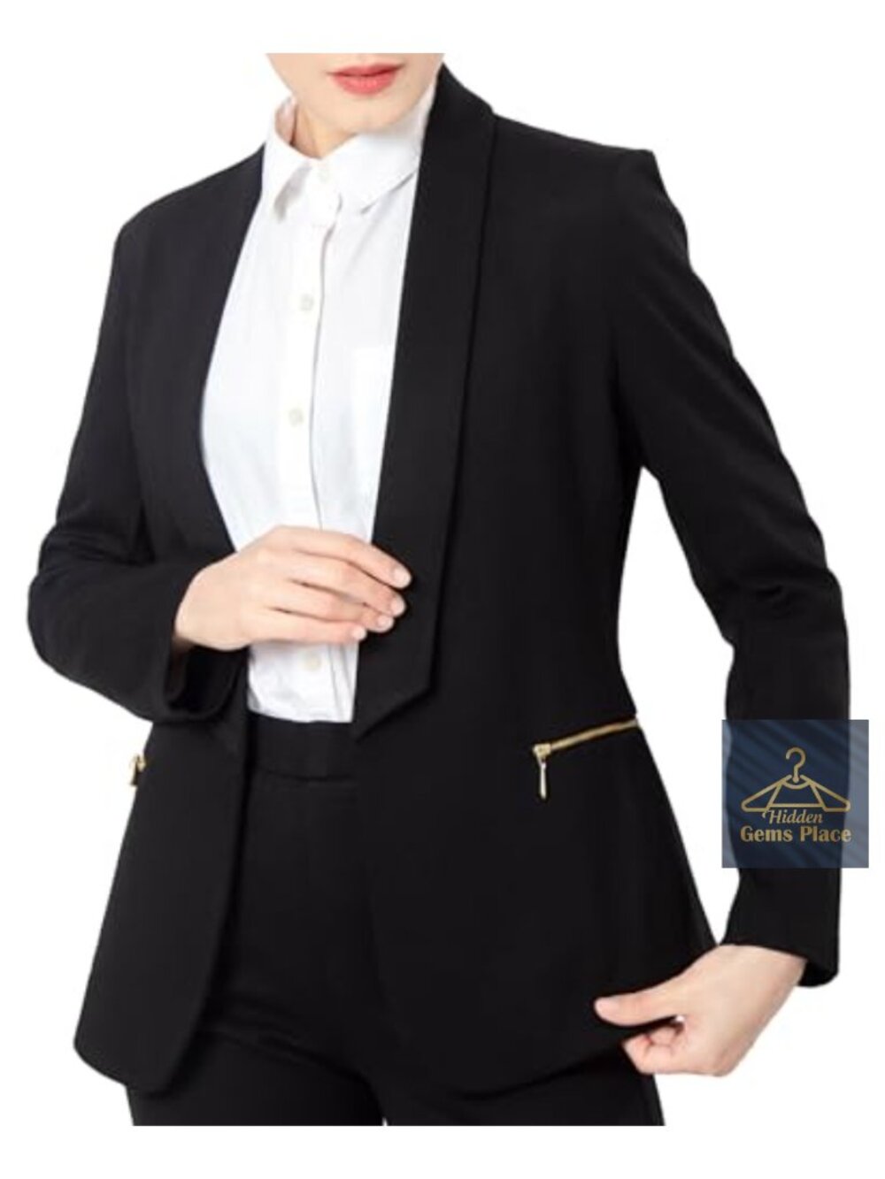 Womens Open Front Blazer Shawl Collar Zipper Pockets Stretch Business Casual